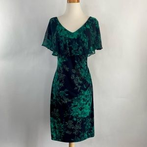 Connected 8 Floral Dress Stretch Sheath Black Green Chiffon Cape Flutter Sleeve